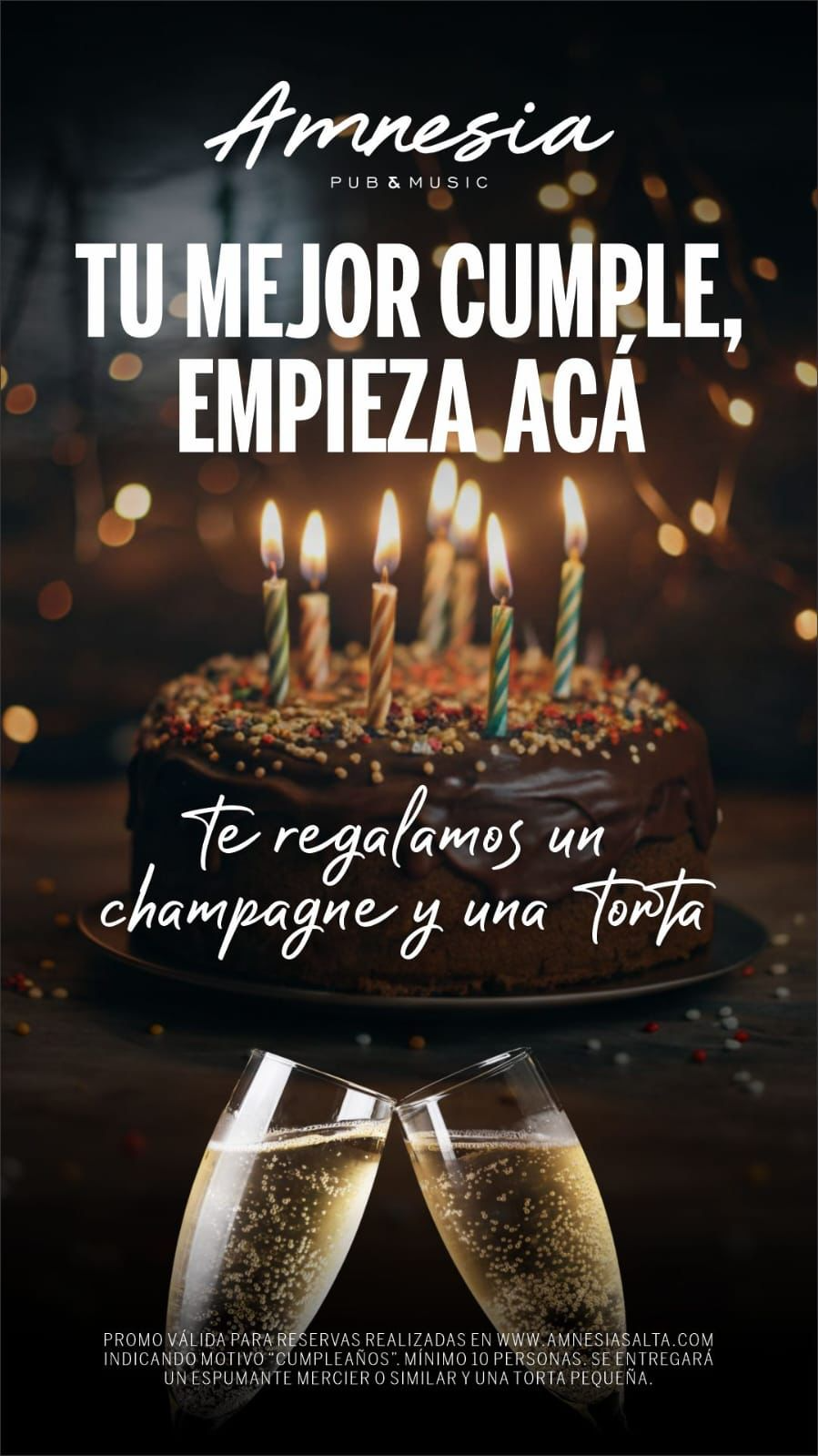 Festejá tu cumpleaños en Amnesia Pub & Music - Champagne y Torta Gratis